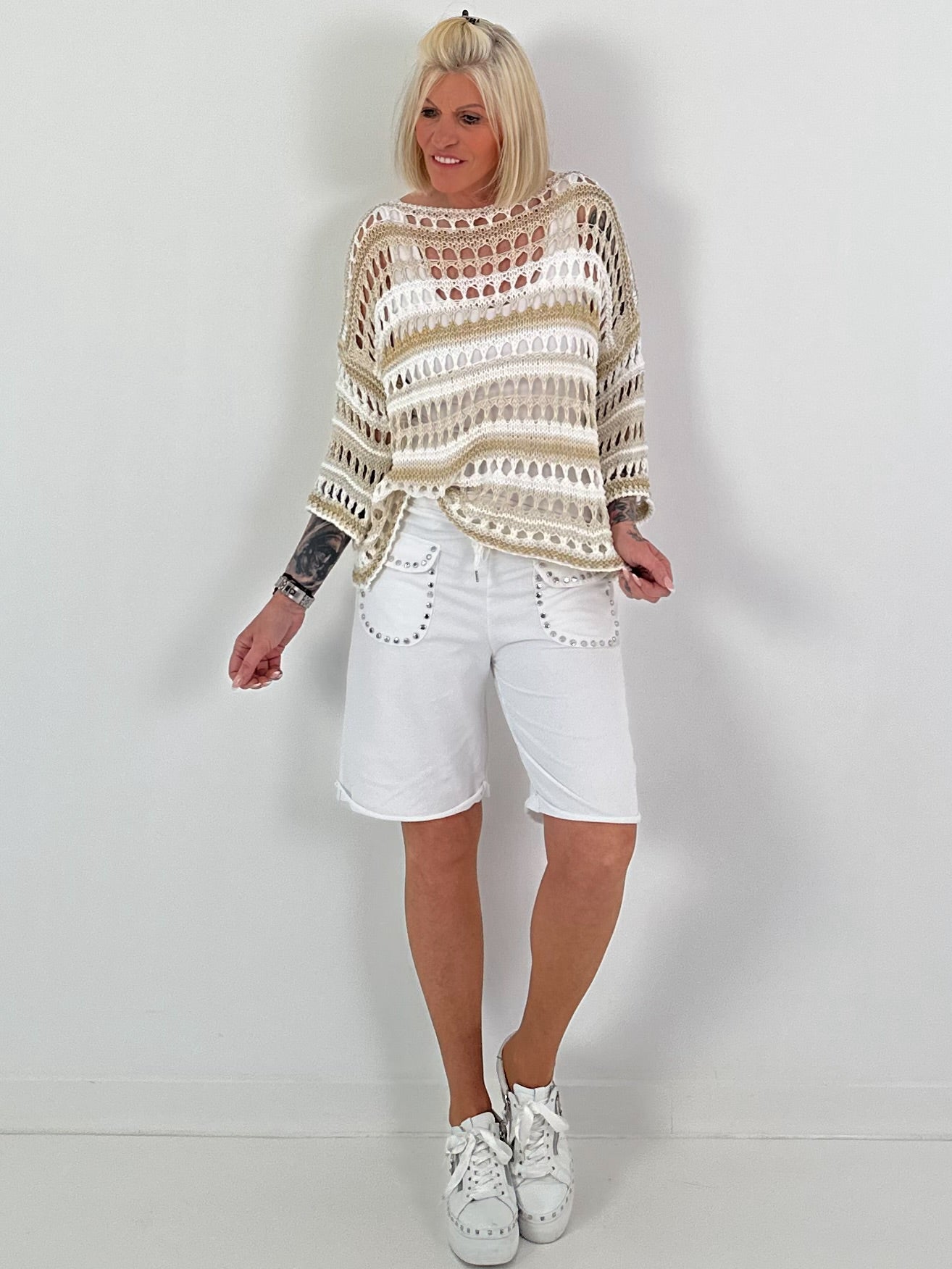 Crochet sweater with stripes and lurex - white-beige