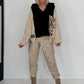 Oversized grofgebreide hoodie met sweat-inzetstuk - zwart-beige