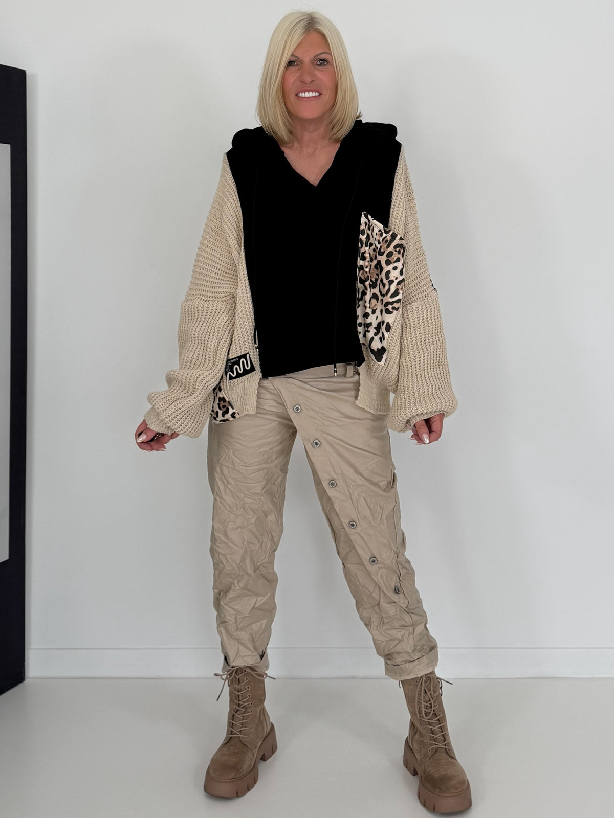 Oversized grofgebreide hoodie met sweat-inzetstuk - zwart-beige