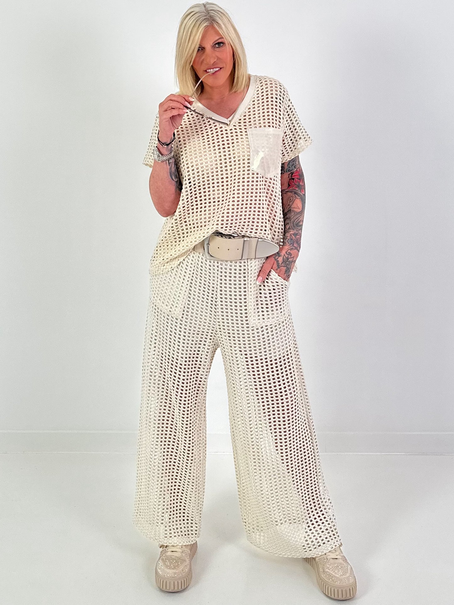 Crochet Top with Lurex - beige
