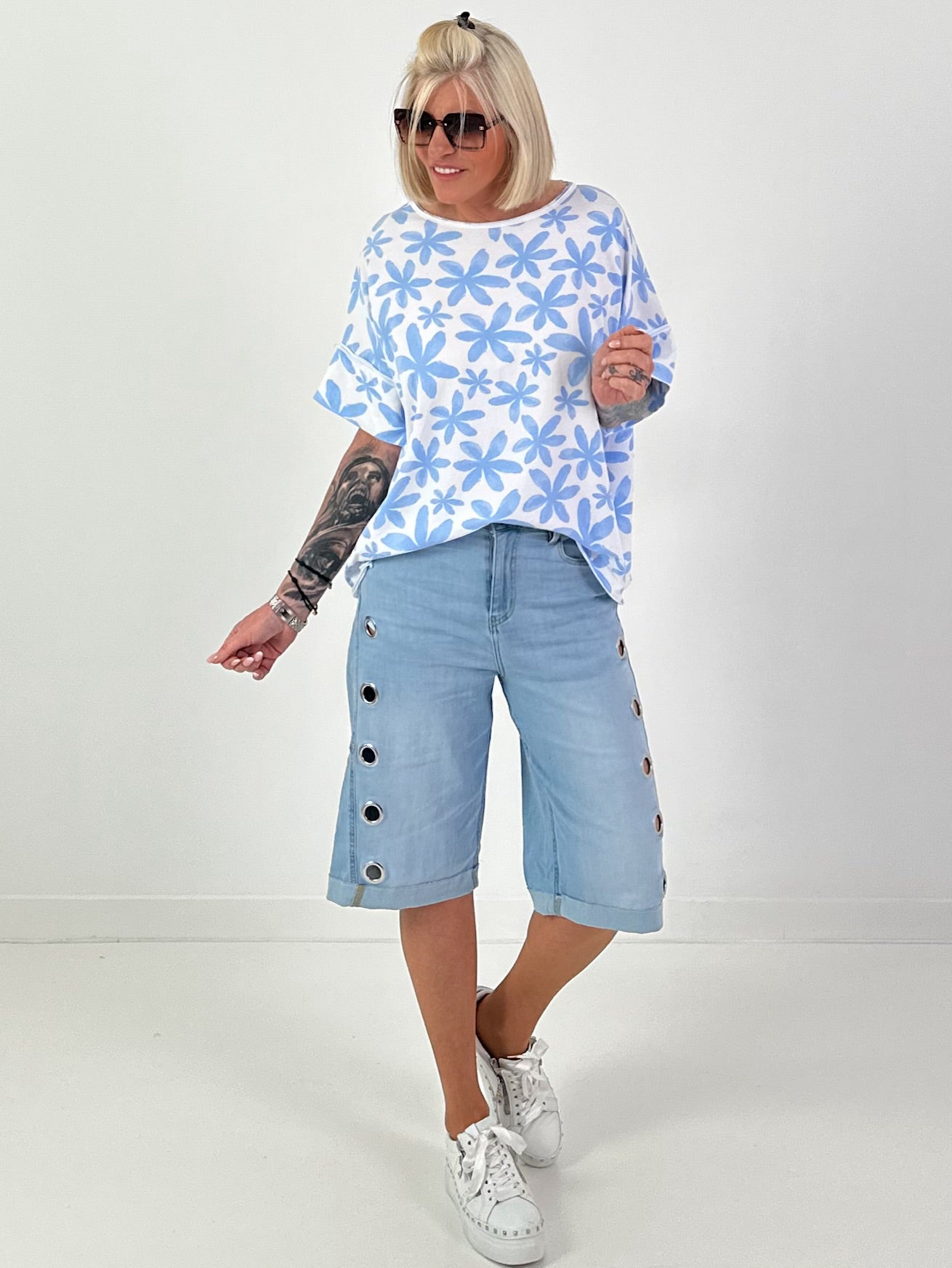 Floral Print Sweatshirt - white-light blue