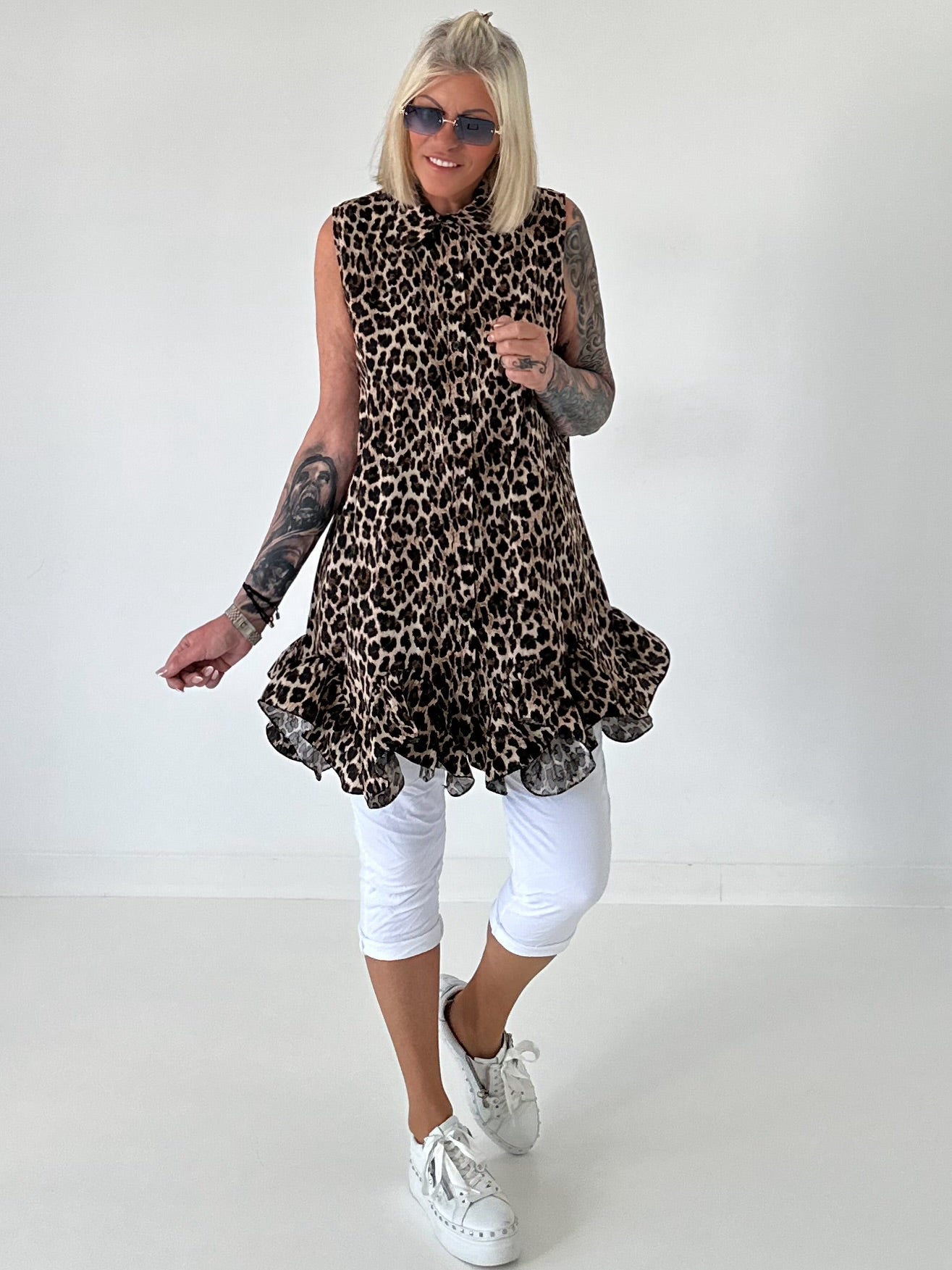 Long Bluse mit Volants - leo - mehrfarbig