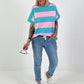 Sweat T-Shirt mit Streifen - türkis-rosa