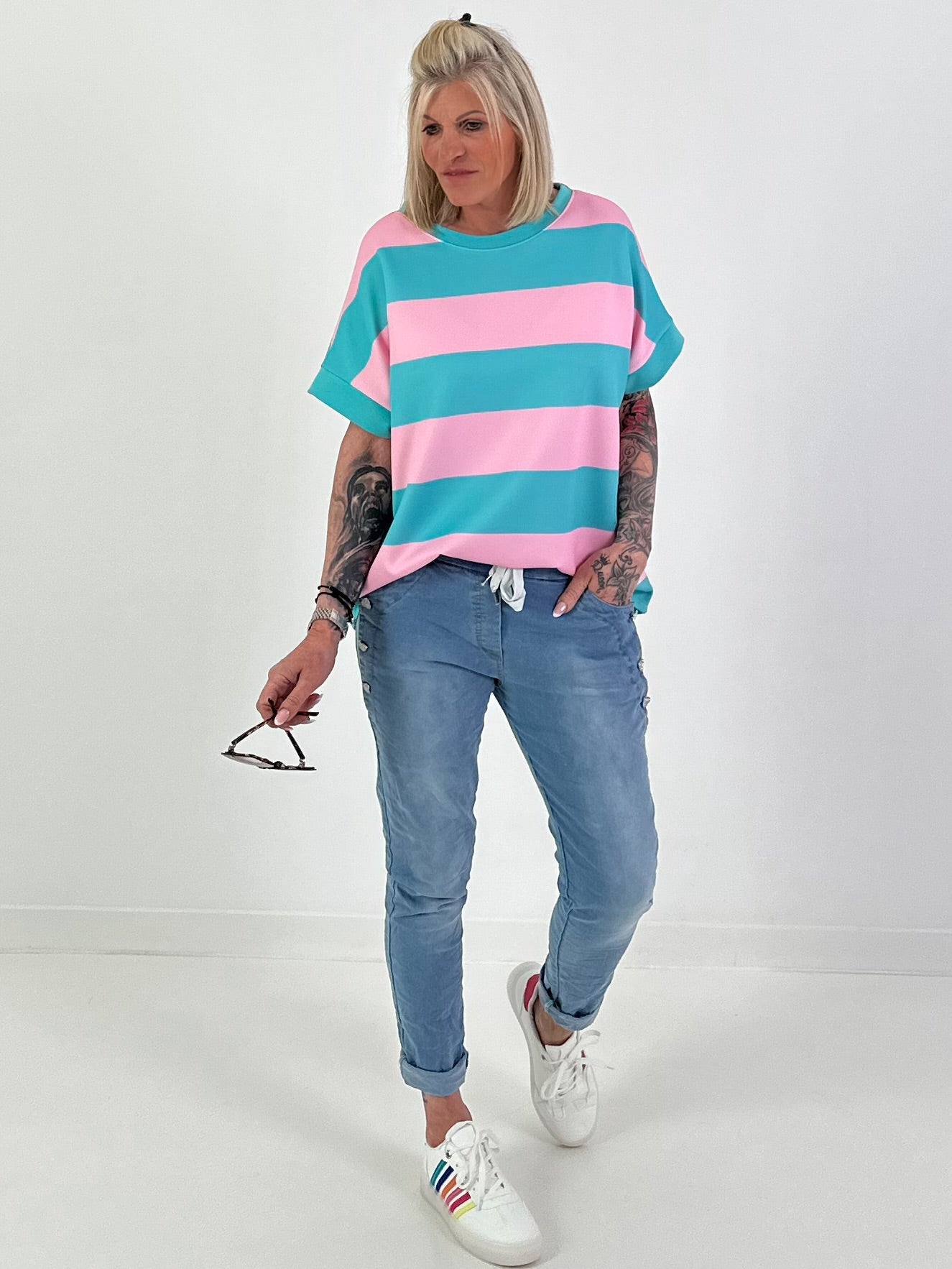 Sweat T-Shirt mit Streifen - türkis-rosa