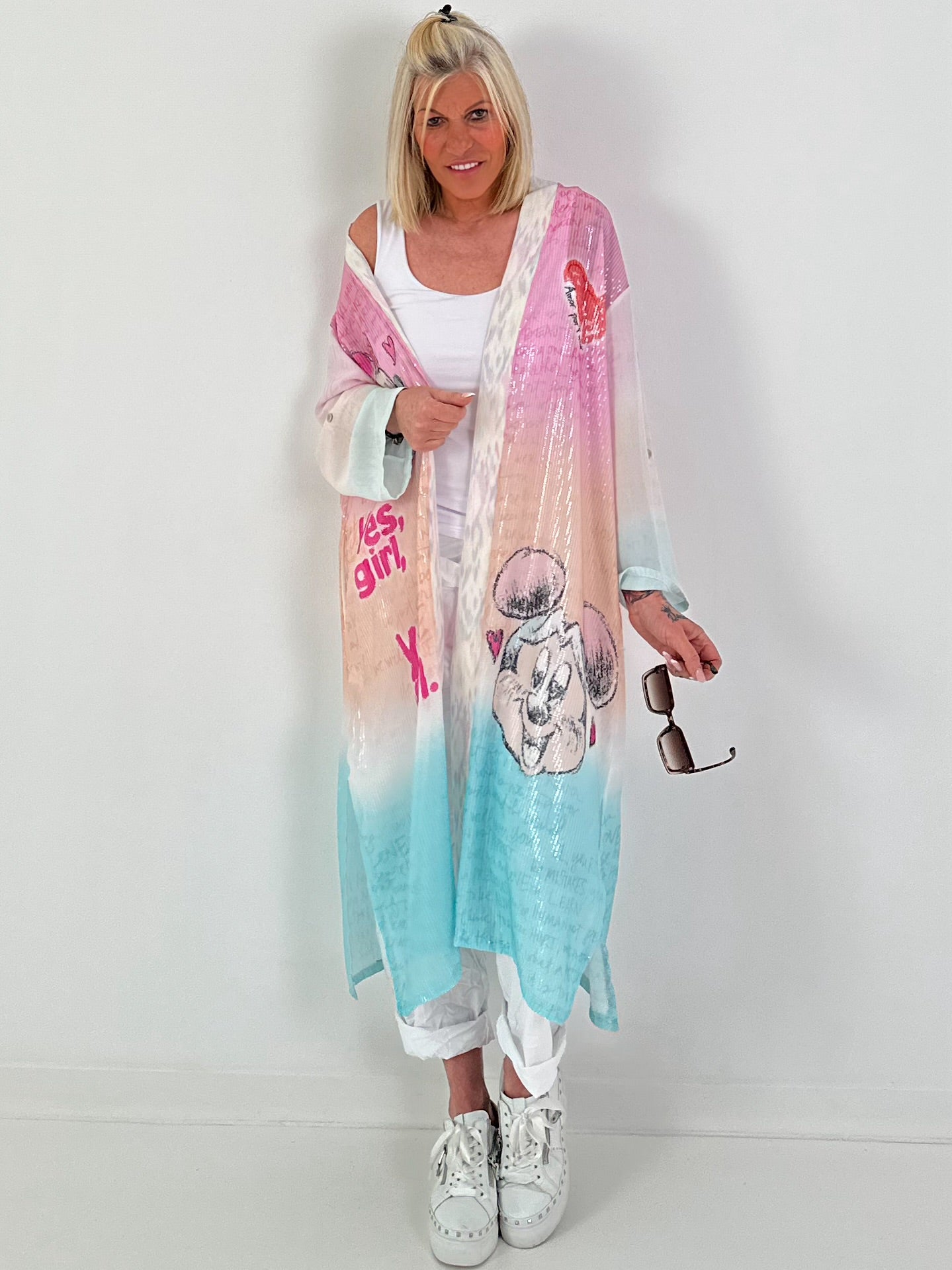 Mantel mit Pailletten und Print-Mix - weiss-rosa-mehrfarbig