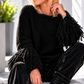Fringe-look sweater with trumpet sleeves - black