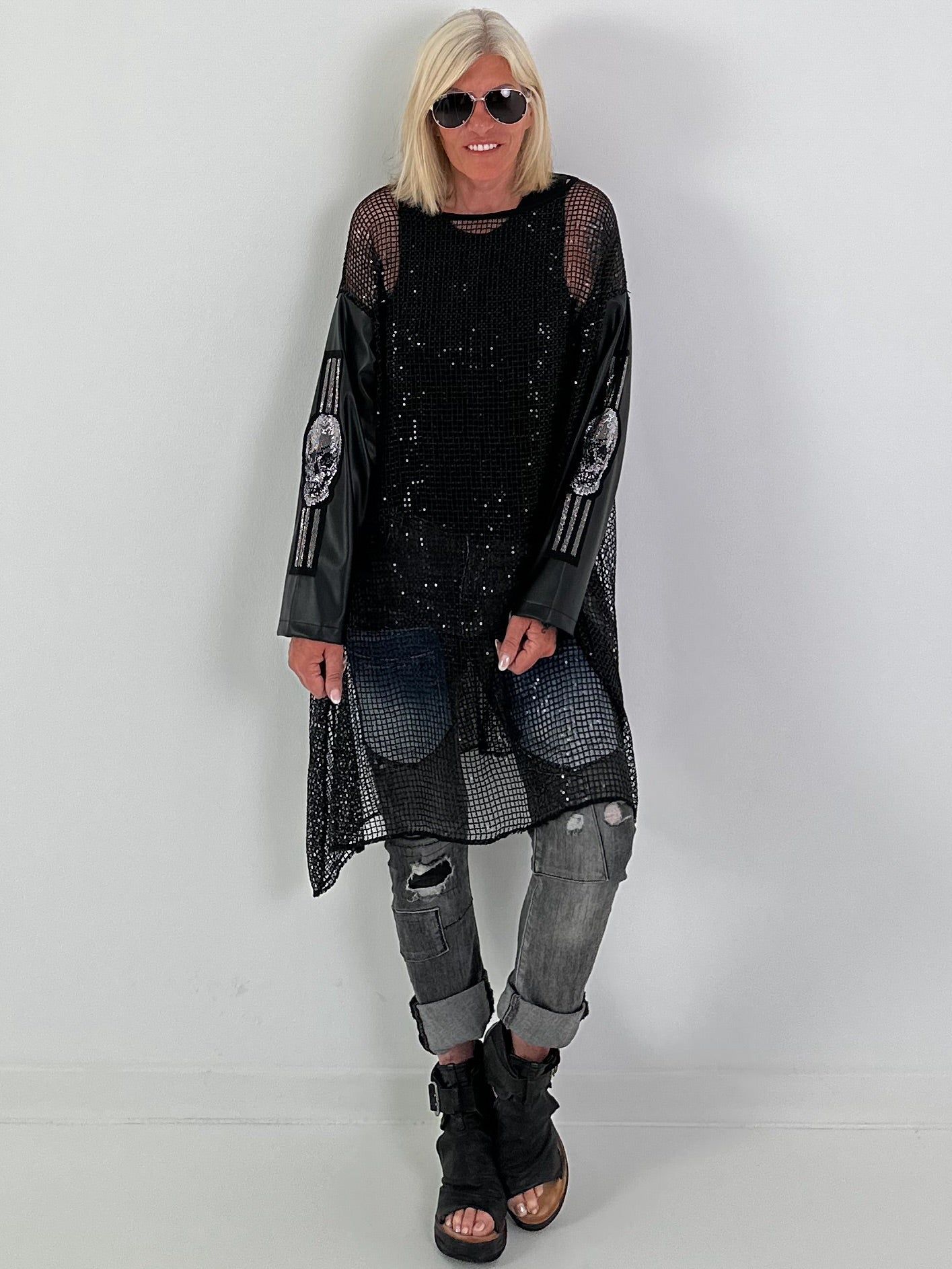 Stylish Long Mesh Shirt with Skull Details - black