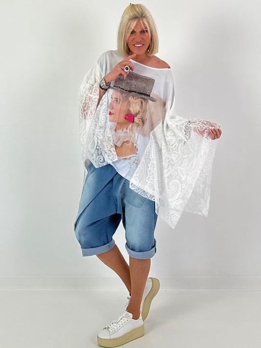 Shirt met print en kanten overlay - wit-multicolor