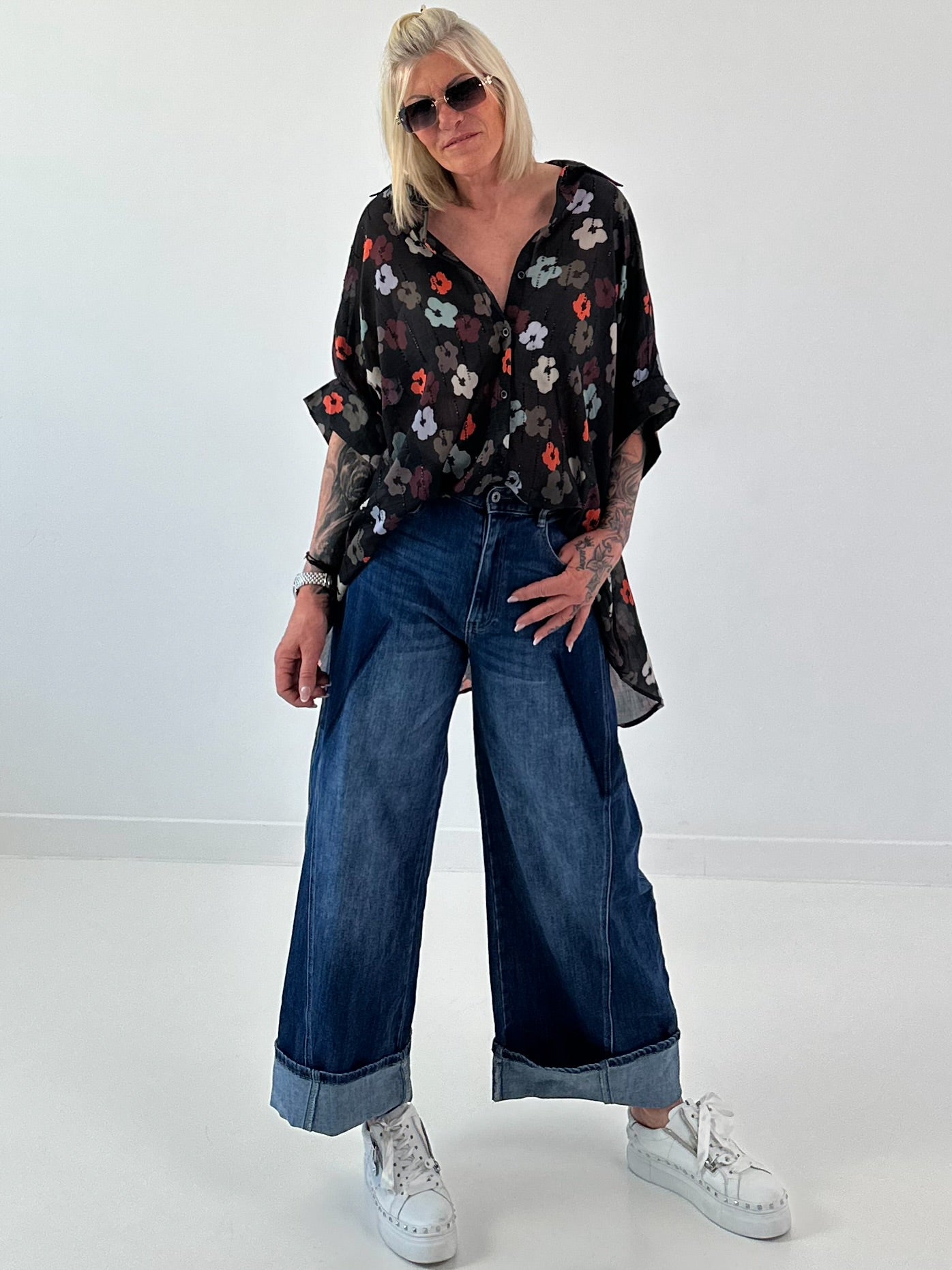 Lightweight oversized patterned blouse - black-multi-coloured
