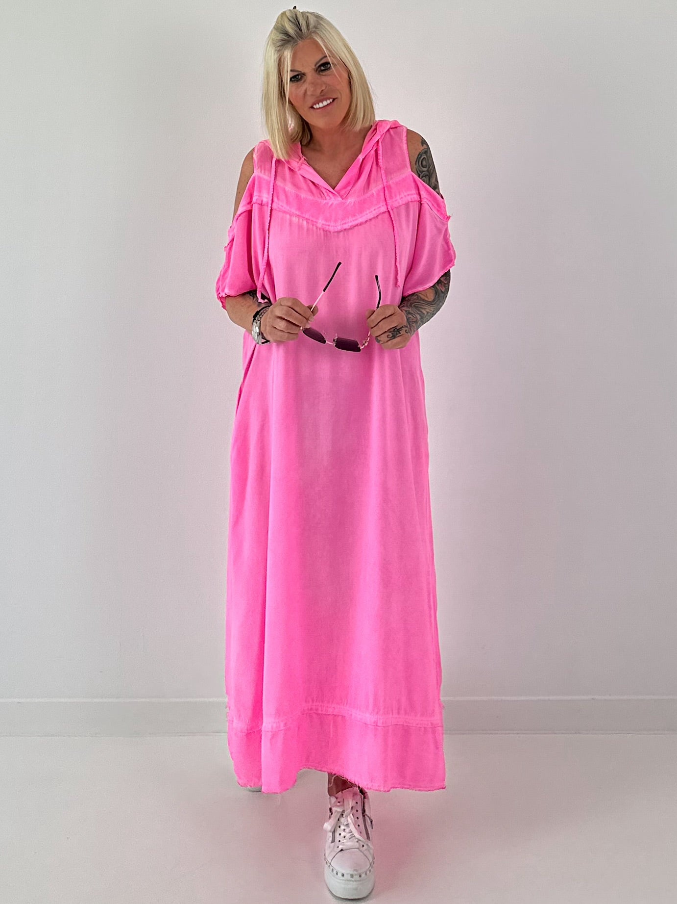 Neon pink cold shoulder hoodie dress