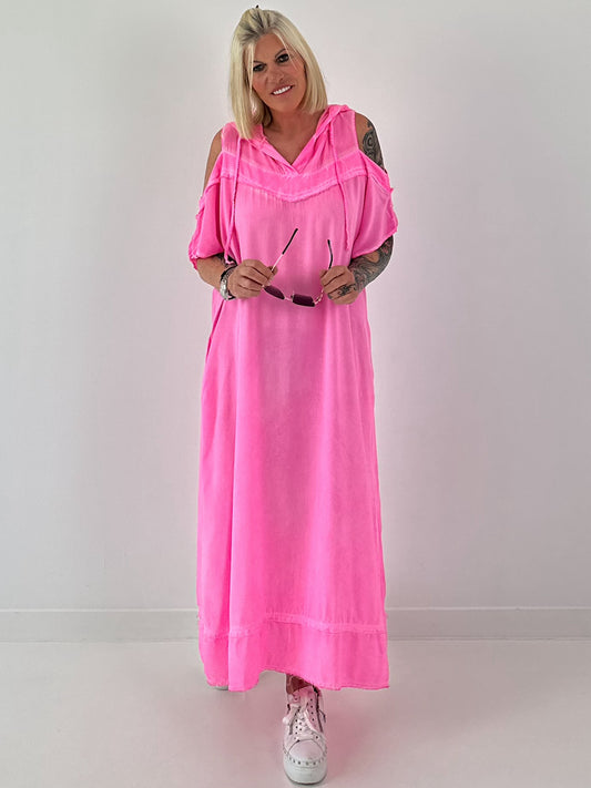 Kleid mit cold shoulder und Kapuze - neonpink