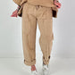 Leinen Hose mit aufgesetzten Taschen und Fransen - camel
