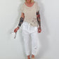 Leinen Shirt mit floralem Häkeleinsatz - beige