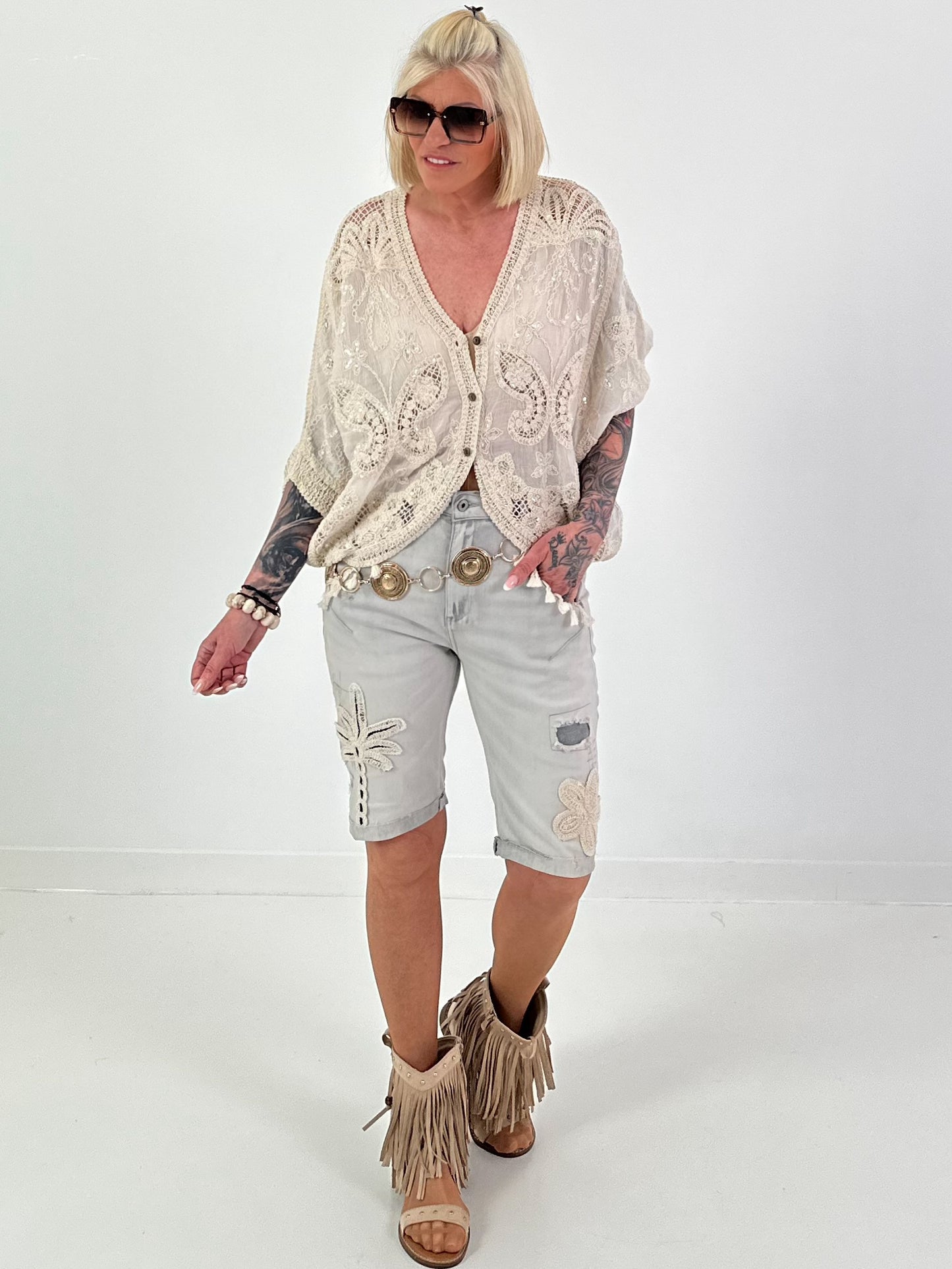 Boho blouse with elaborate crochet inserts - beige