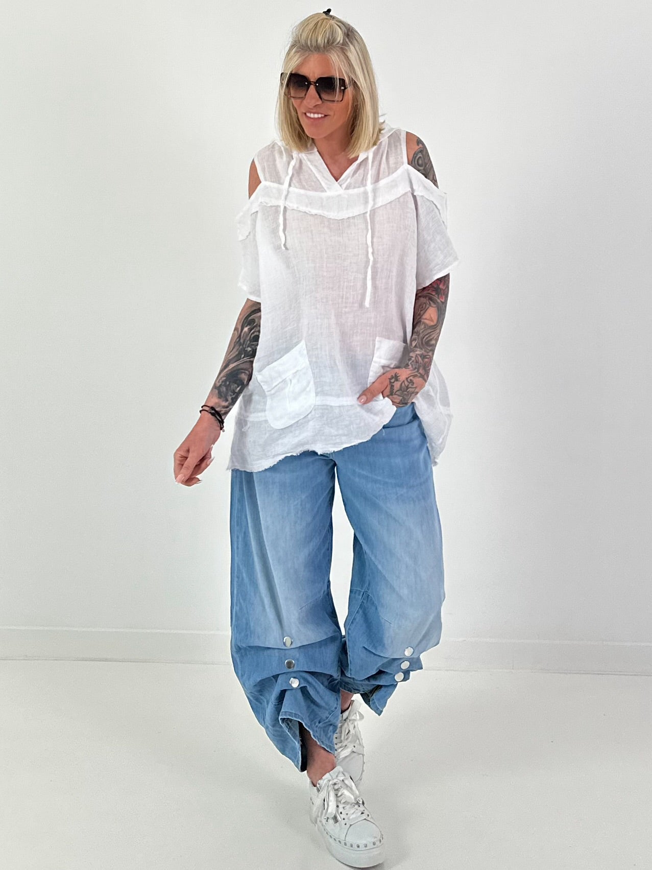 Linen Shirt with Off-Shoulder Cut-Outs - White