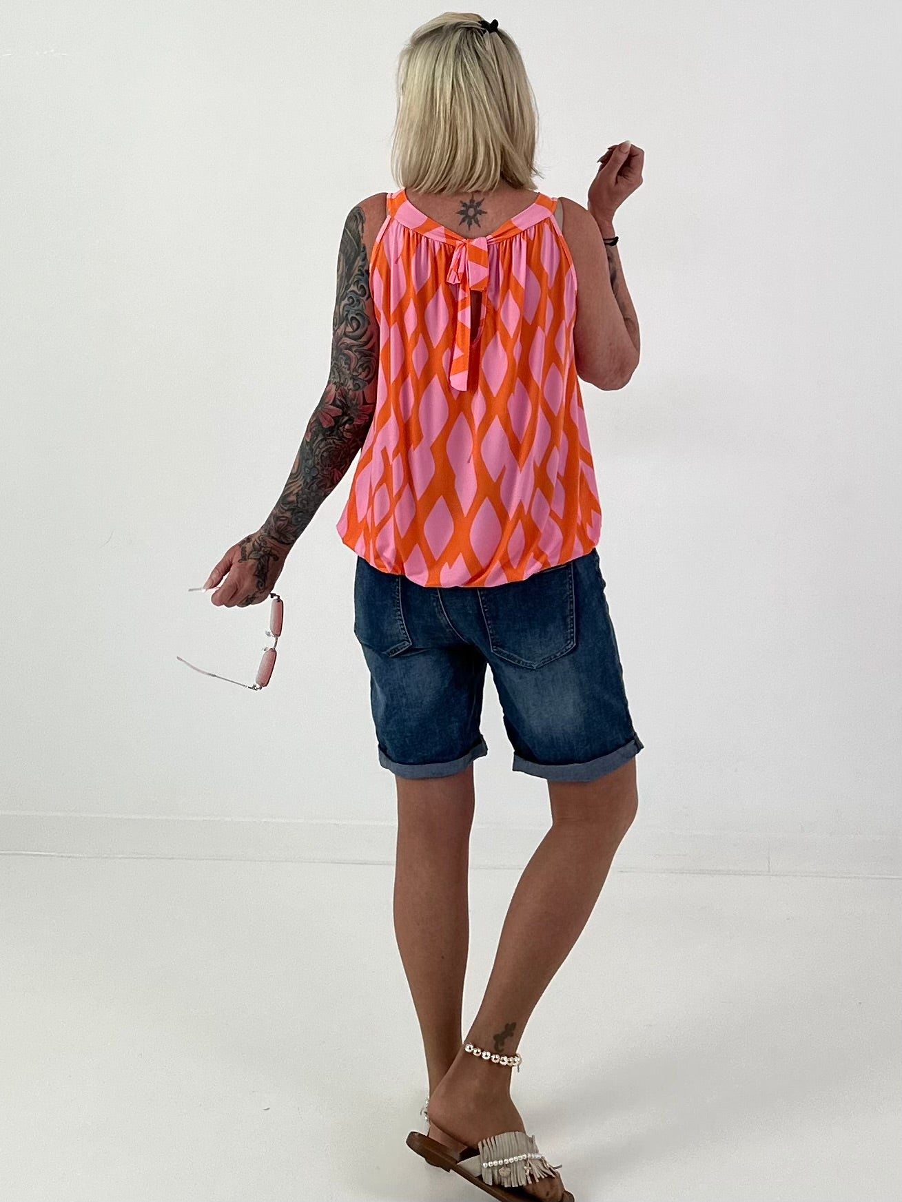 Halter Neck Top with Allover Pattern - orange-pink