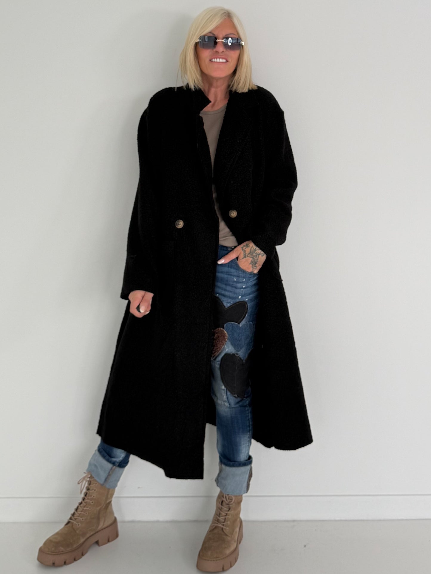 Weicher Bouclé Mantel - schwarz
