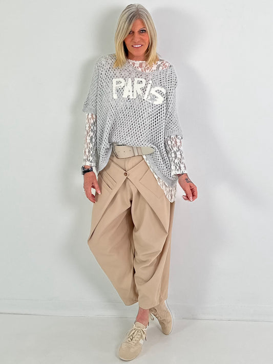 Häkelshirt mit Print - hellgrau