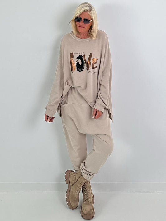 Oversized Sweater mit Frontprint - beige