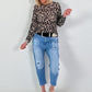 Lace top with leopard print - black-beige