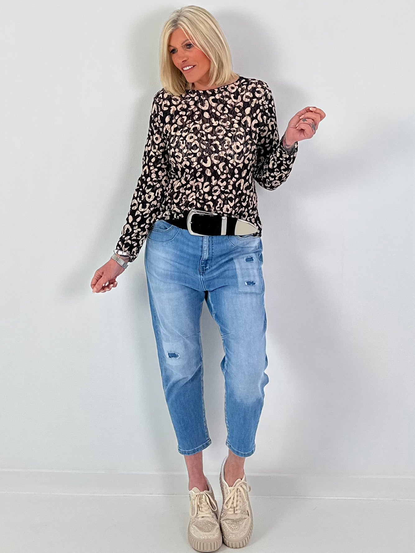Lace top with leopard print - black-beige