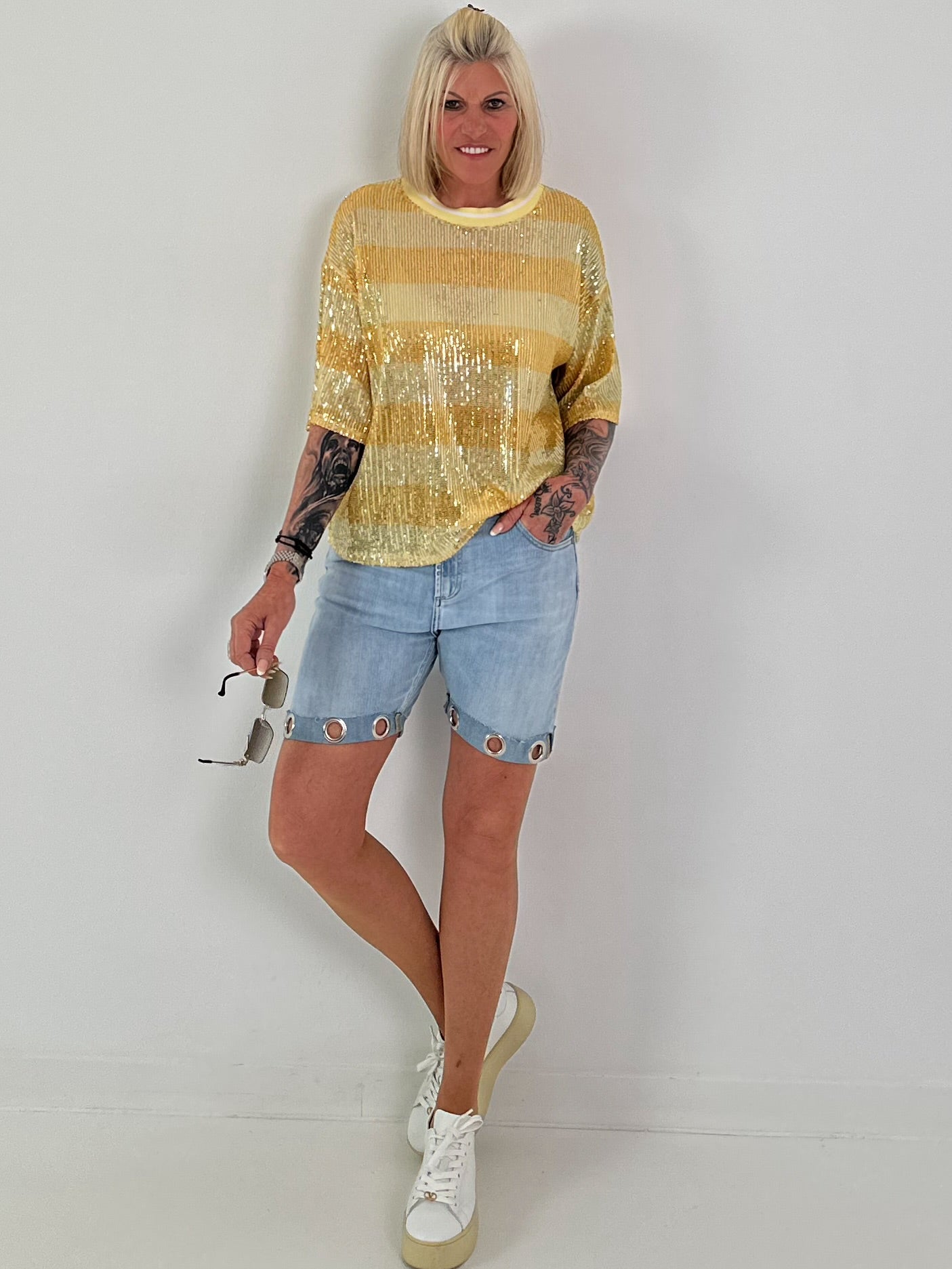 Pailletten Shirt mit Streifen - gelb-champagner