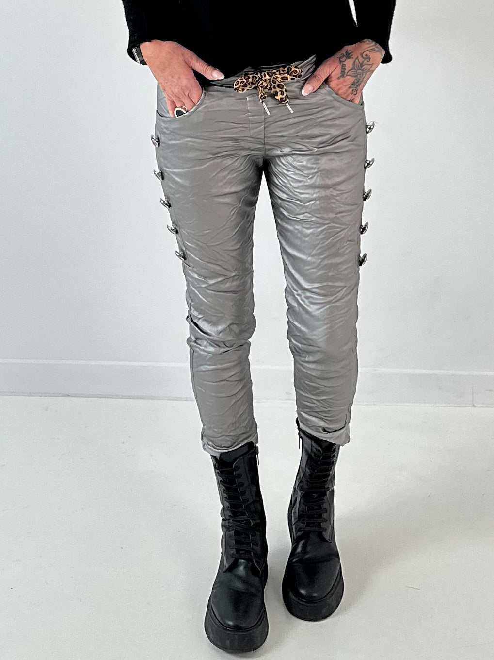 Leather imitation trousers model "Commander Chic" - dark silver