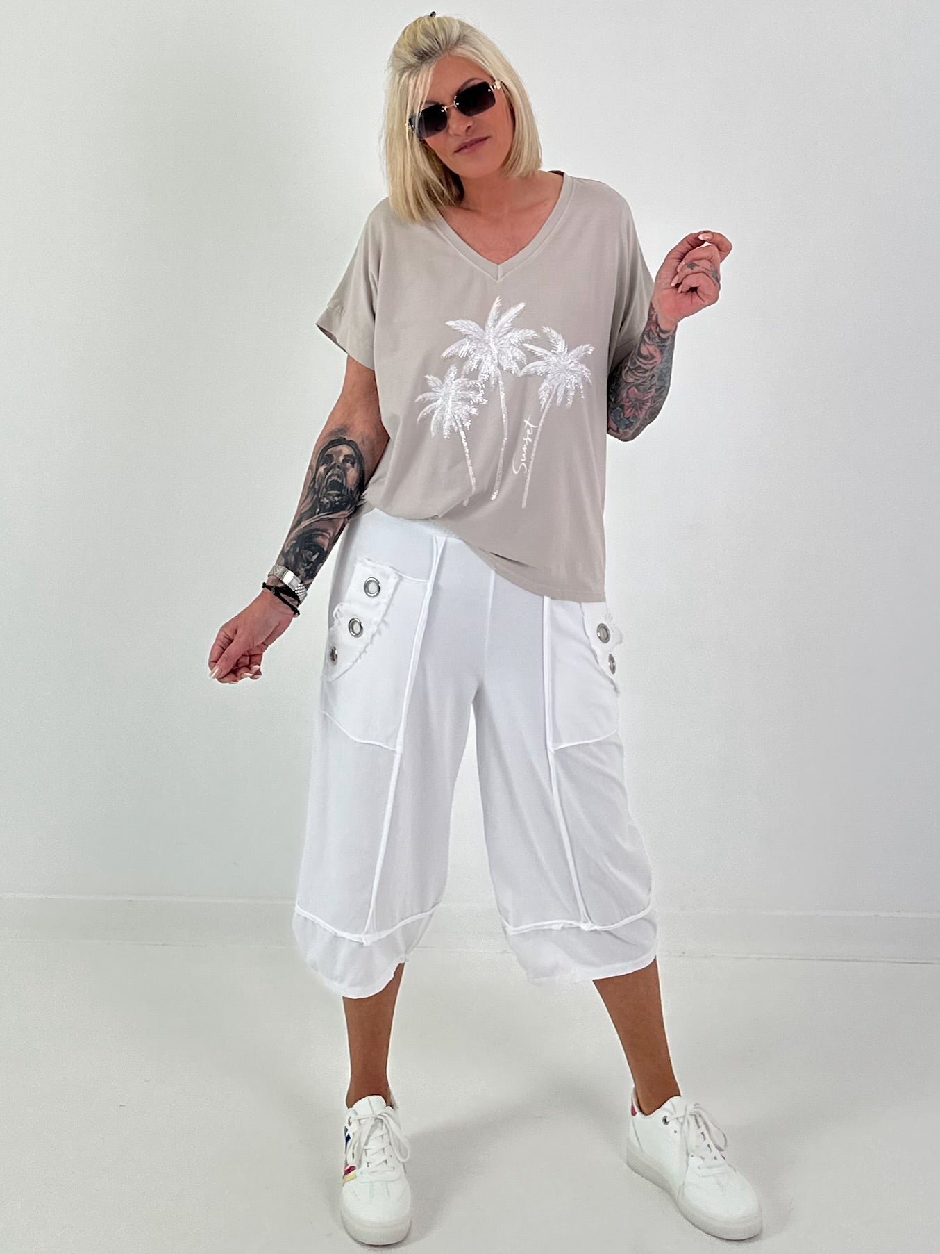 T-Shirt with glitter palm trees - beige
