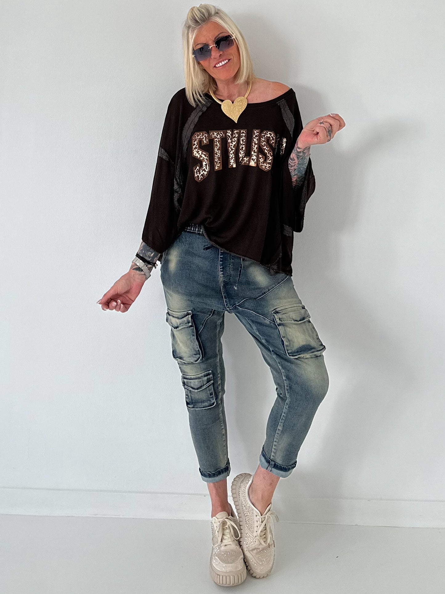 Strick Shirt mit Leo-Print - mokka