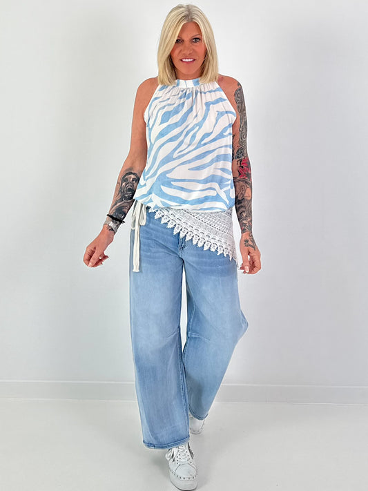 Neckholder Top mit Muster - hellblau-weiss