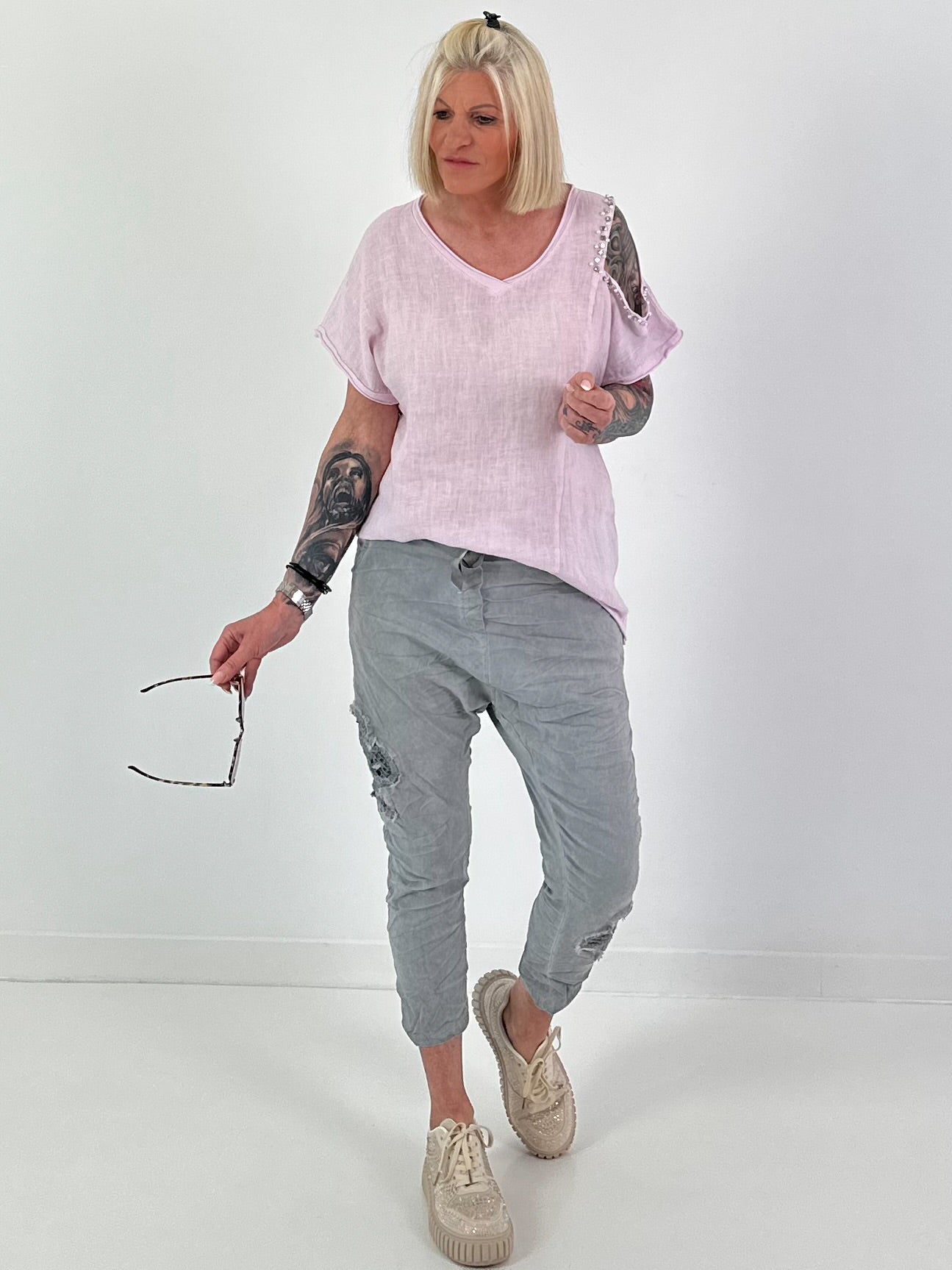 Linen Shirt with Cut-Out - Pink