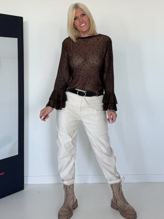 Mesh Shirt mit Punkten und Volantärmeln - schoko