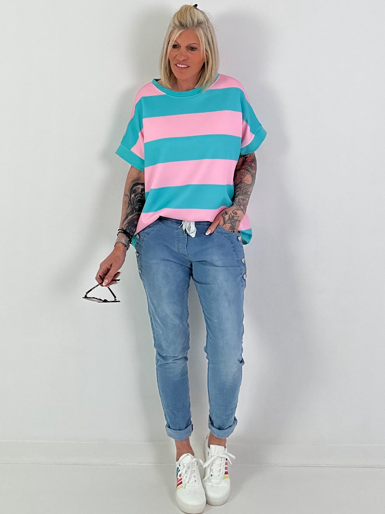 Sweat T-Shirt mit Streifen - türkis-rosa