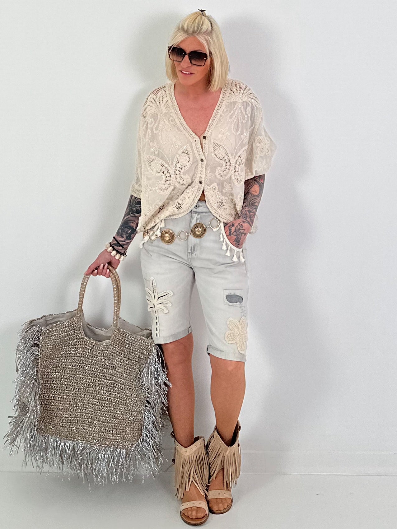 Boho blouse with elaborate crochet inserts - beige
