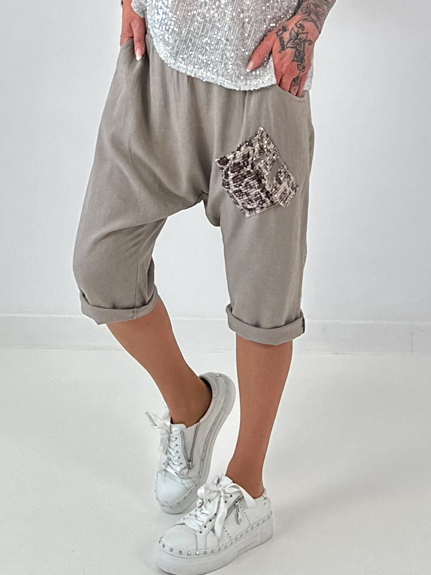 Short linen baggy dress with overlay and sequin details - khaki