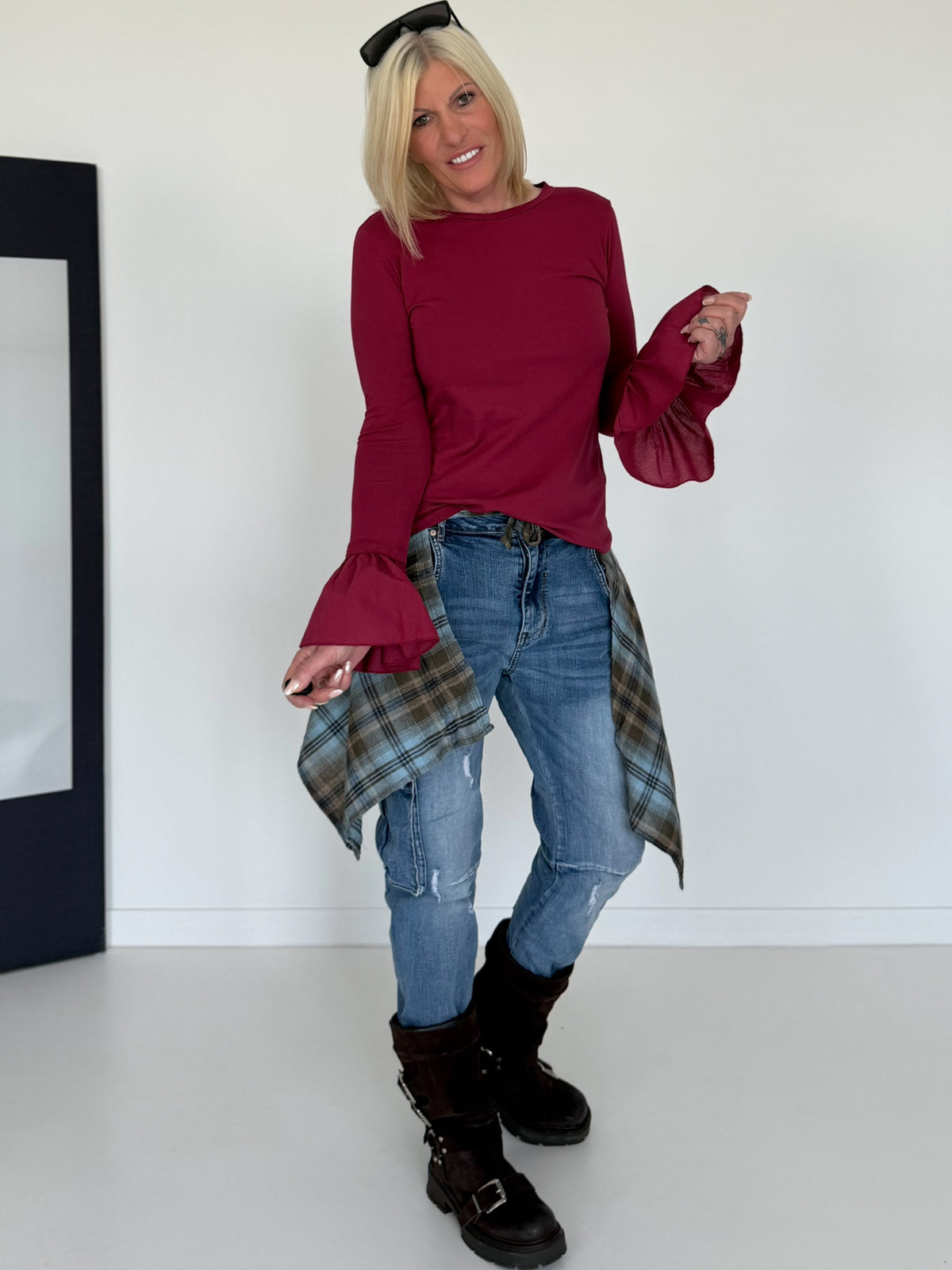 Shirt mit Trompetenärmelchen - burgundi