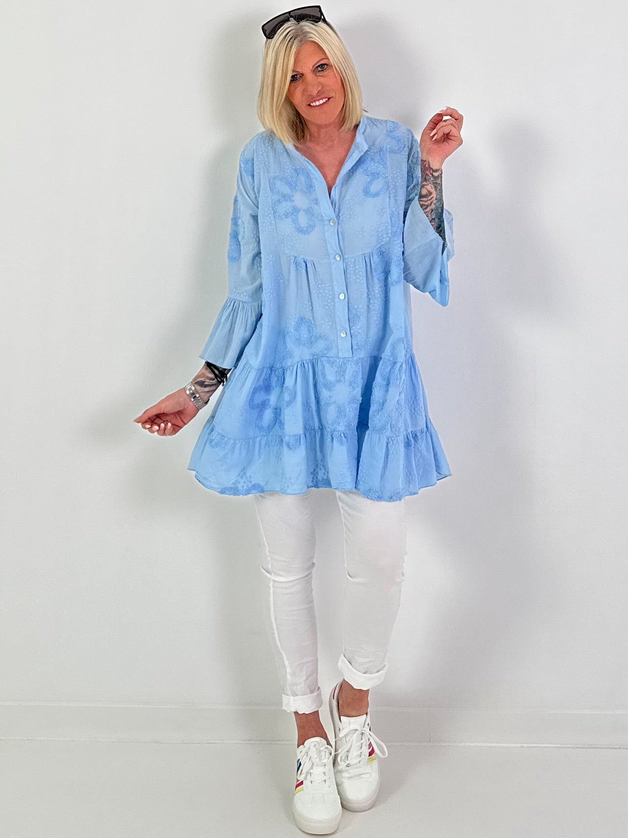 Tunic/Dress with Terry Appliqué - light blue