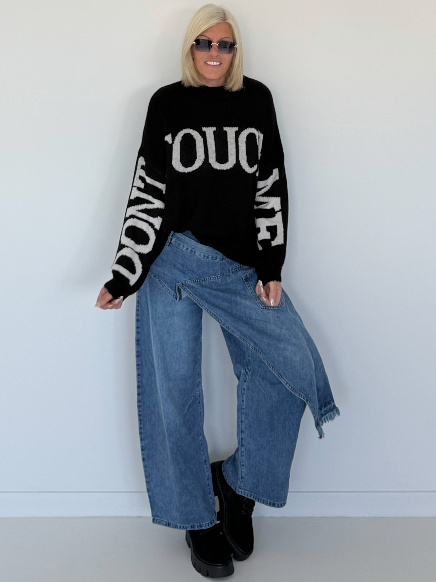 Oversized Strickpullover Dont Touch Me - schwarz-weiss