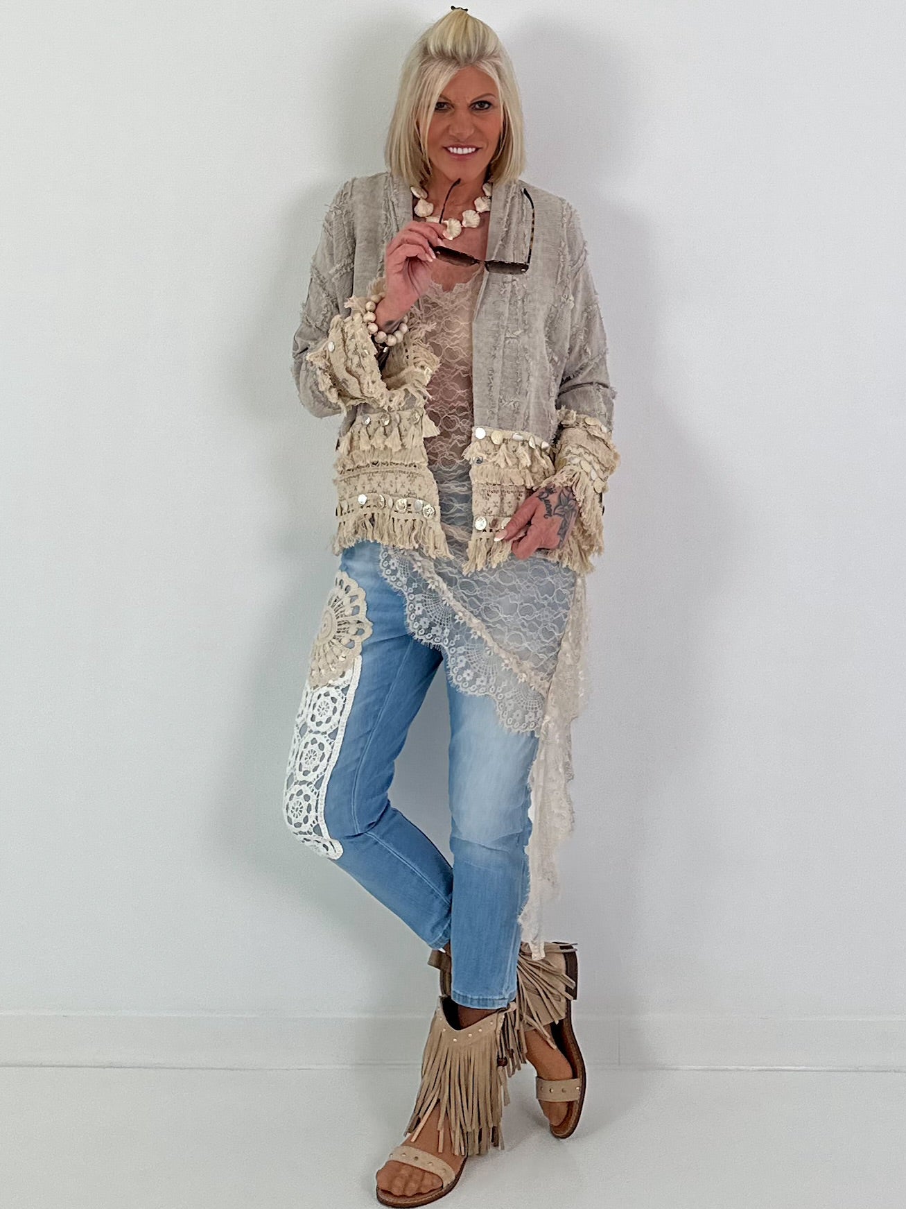 Boho-jasje met uitgebreide details - beige-blauw