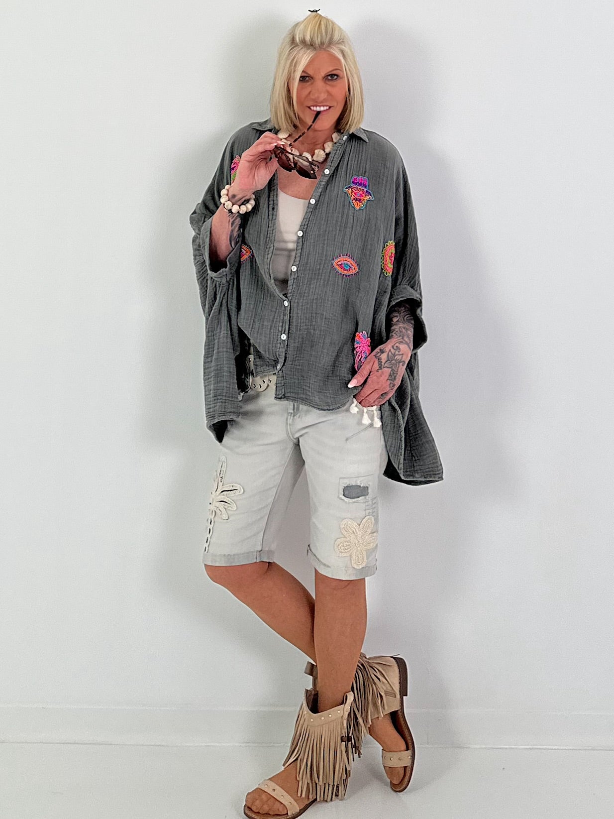 Oversized Muslin Blouse with Colorful Bead Embroidery - Anthracite
