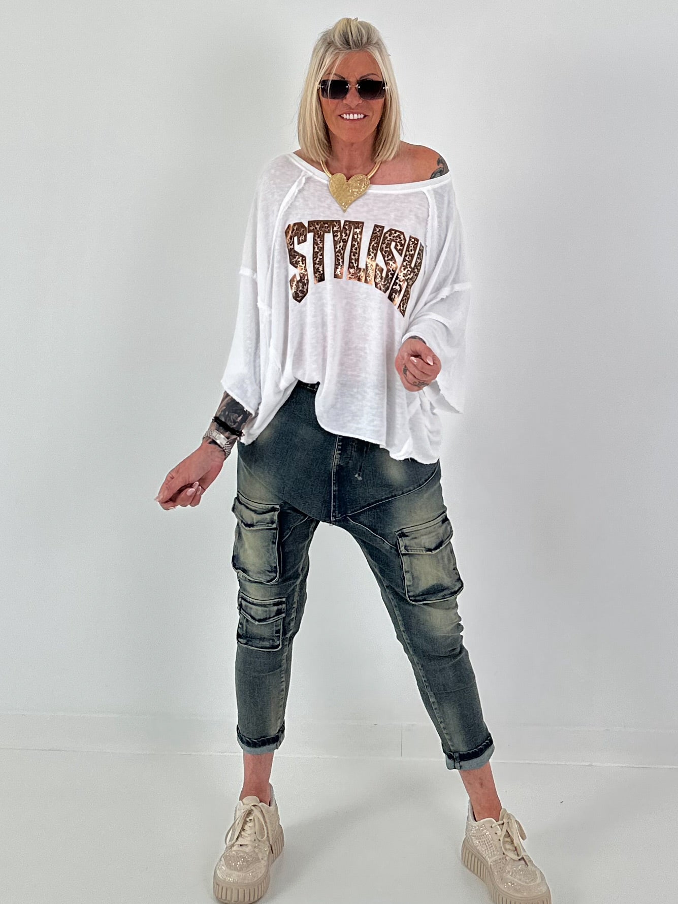 Strick Shirt mit Leo-Print - weiss
