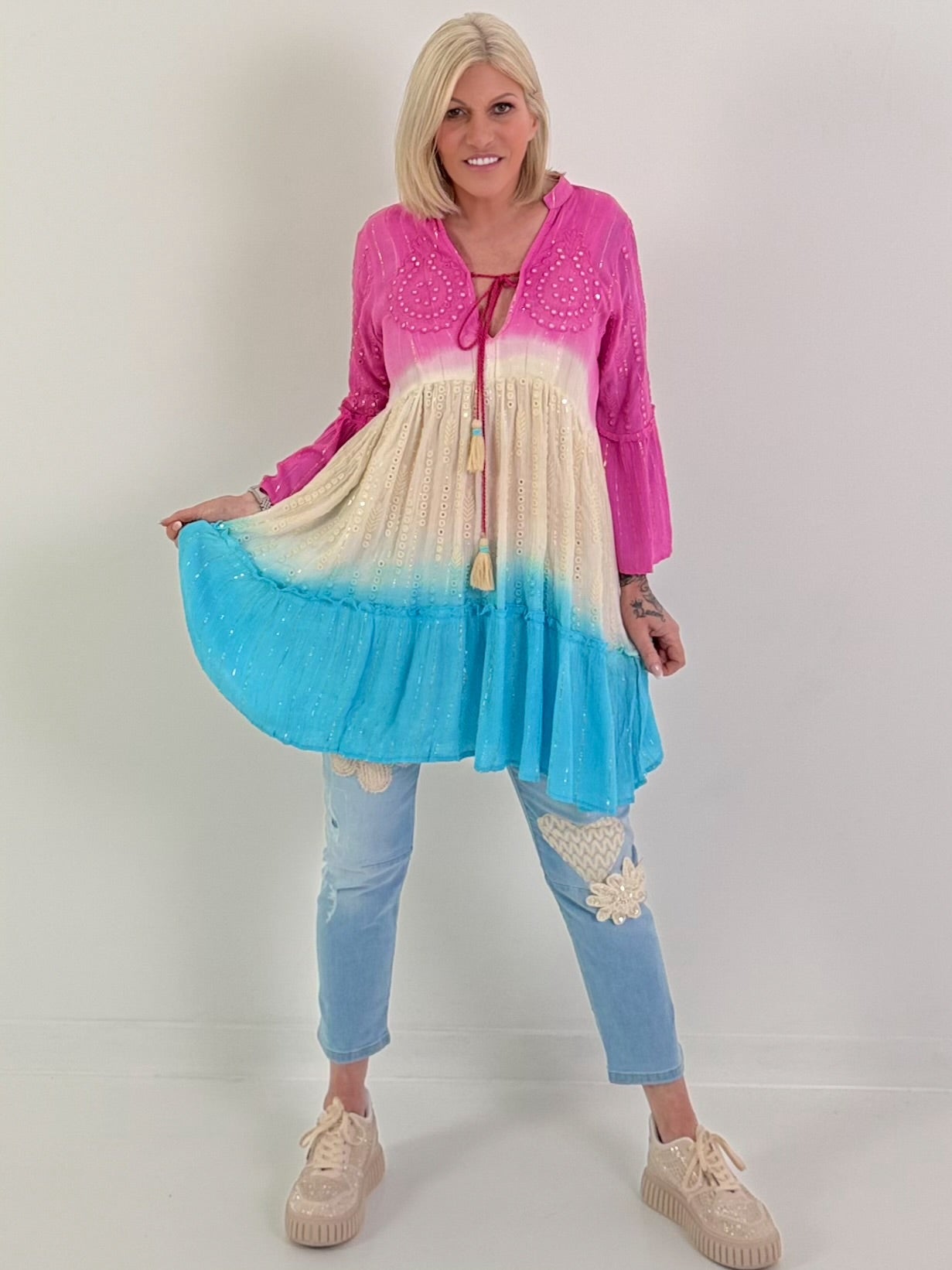 Ibiza Tunika/Kleid mit Lurexnähten - pink-beige-blau