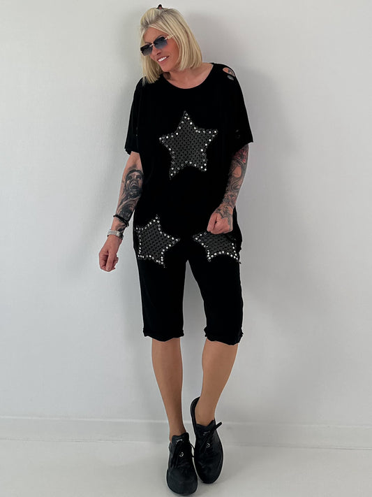 T-Shirt mit Häkelstern-Nieten-Cut-Outs - schwarz