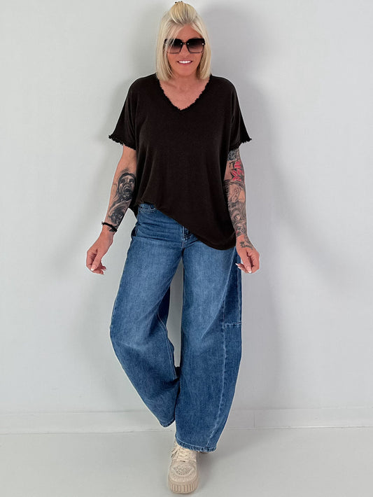 Ribbed Shirt with Fringe Details - chocolate