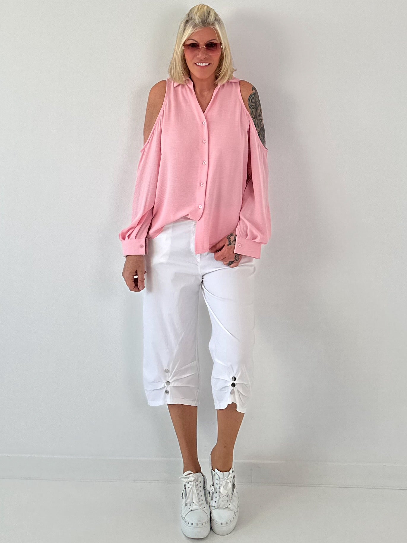 Bluse mit cold shoulder Detail - rosa