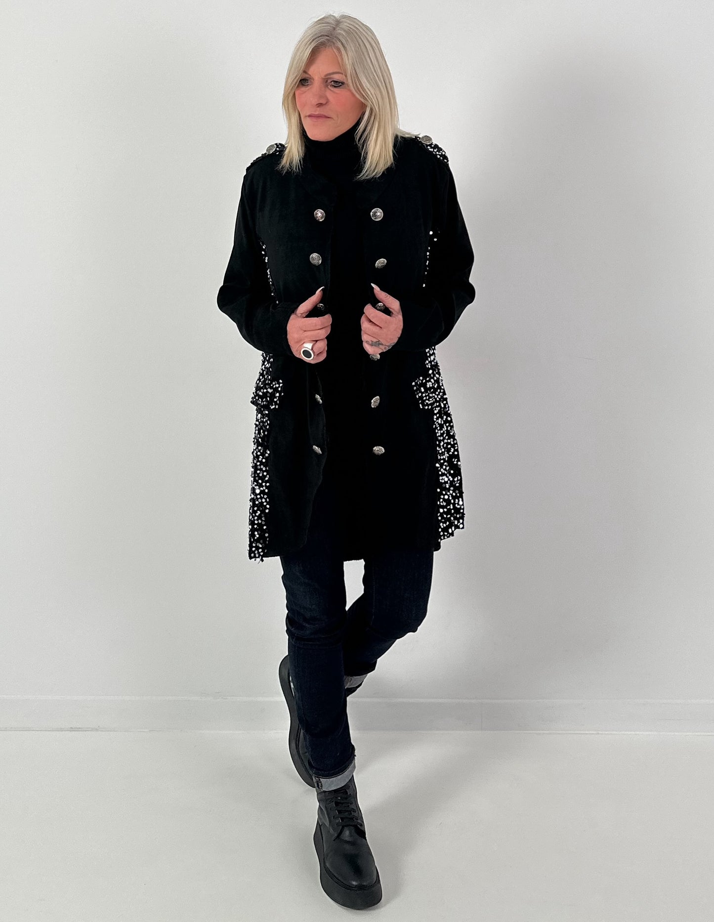 Militair jasje in suèdelook, model "Shine Commander" - zwart