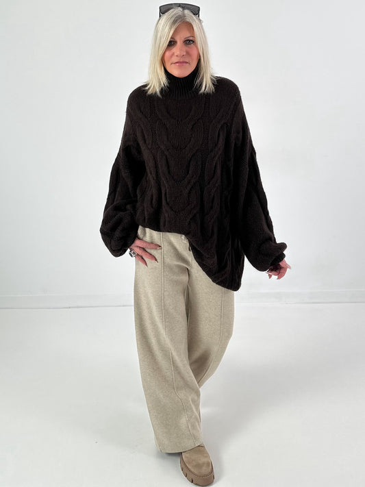 Casual cable-knit sweater, "Pure Cable" style - coffee