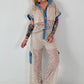 Ausgefallener Zweiteiler mit aufwendigen Denim Details- beige