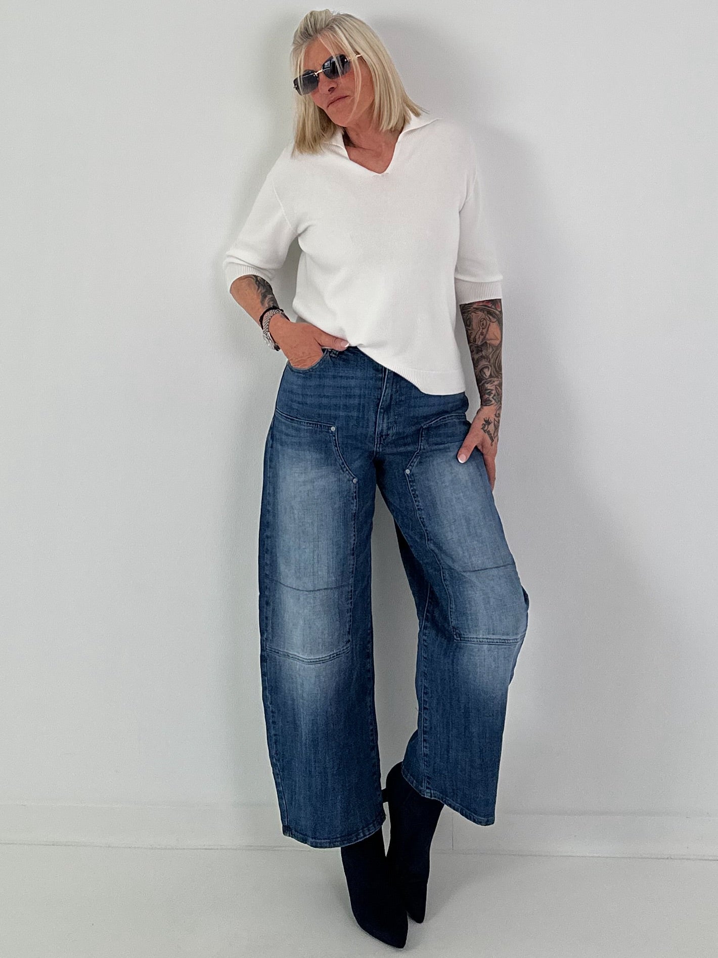 Weicher Strickpullover mit Polokragen - weiss