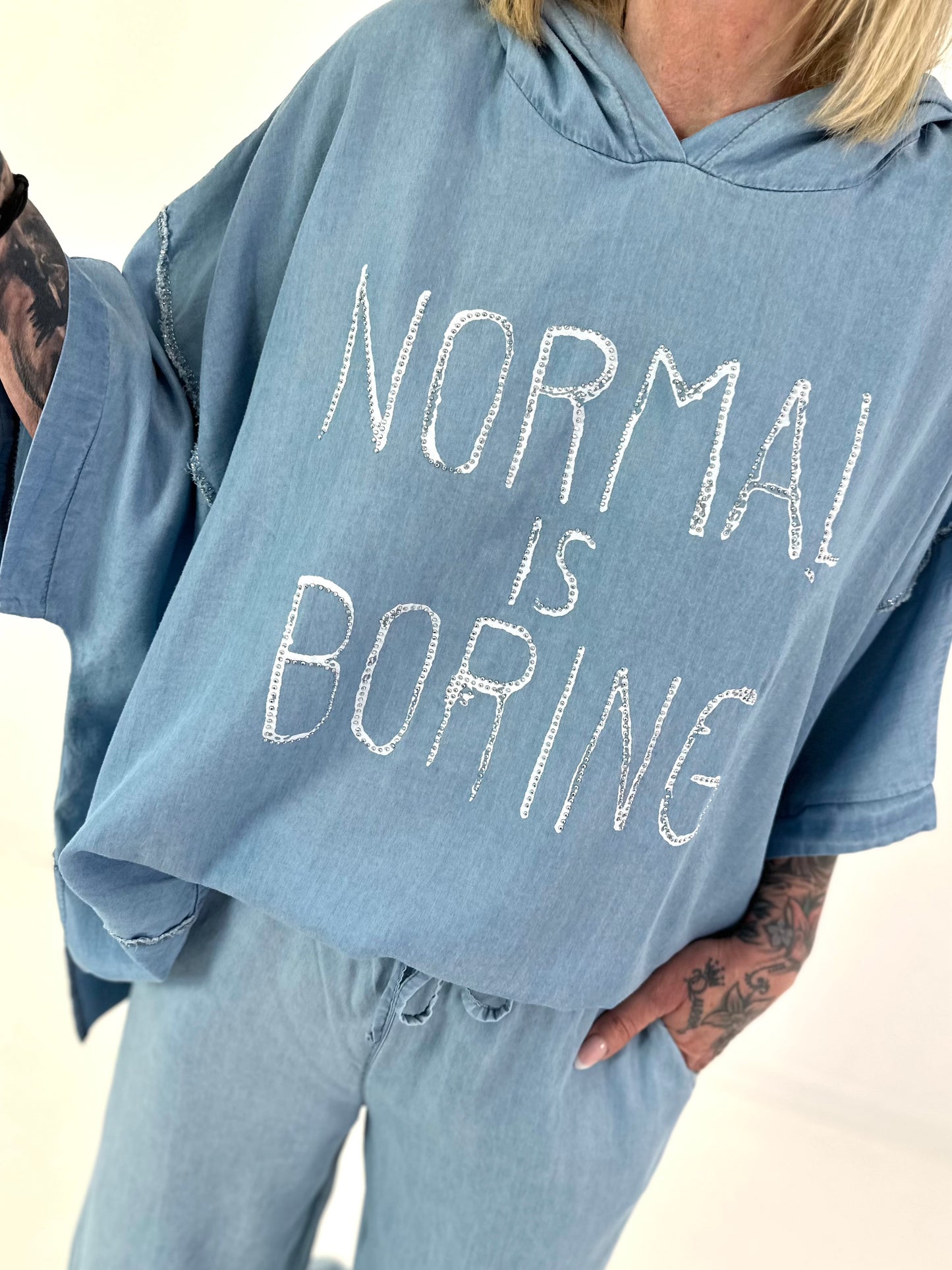 Oversized Hooded Denim Shirt - Light Blue